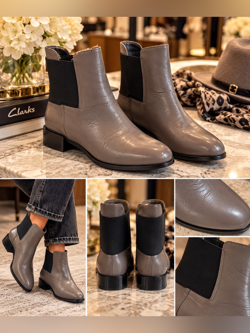 Clarks Grey/Taupe Leather Chelsea Ankle Boots with Black Elastic